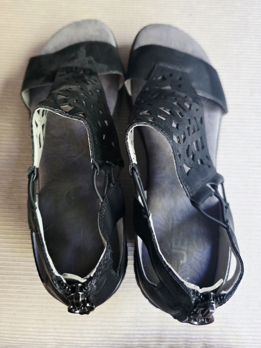 JBU Black Laser-Cut Slingback Sandals